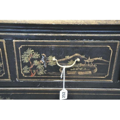 147 - A BLACK LACQUERED CHEST OF THREE SHORT OVER THREE LONG DRAWERS, with various chinoiserie decorative ... 