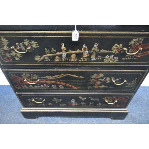 147 - A BLACK LACQUERED CHEST OF THREE SHORT OVER THREE LONG DRAWERS, with various chinoiserie decorative ... 