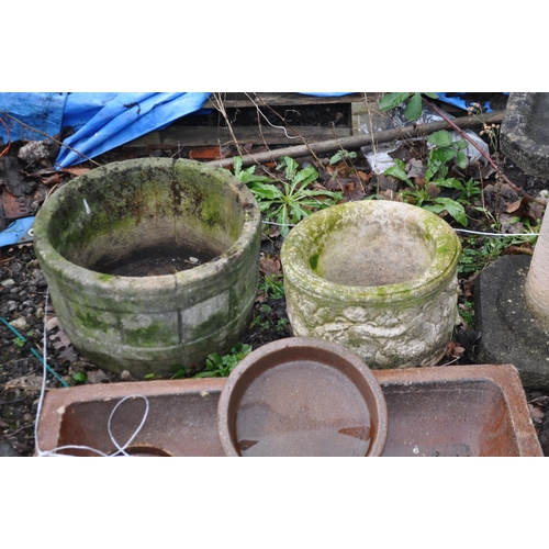 10 - A TREACLE GLAZED WATER TROUGH AND THREE CONCRETE POTS AND BIRD BATH, trough width 68cm, depth 28cm, ... 