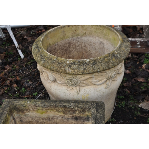 15 - TWO WILLOWSTONE GARDEN PLANTERS, with rose and petal details to sides, the circular planter height 4... 