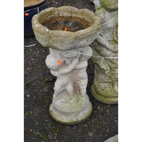 19 - A MODERN CONCRETE BIRD BATH, with small children holding bowl aloft, and two late 20th Century garde... 