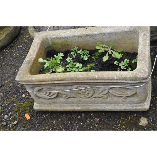 20 - THREE GARDEN PLANTERS AND A BIRD BATH PLATTER, including one rectangular, one round concrete planter... 