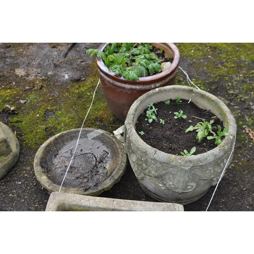 20 - THREE GARDEN PLANTERS AND A BIRD BATH PLATTER, including one rectangular, one round concrete planter... 