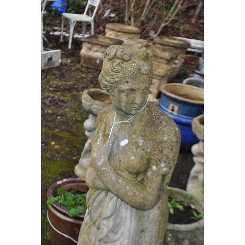 21 - A LARGE CONCRETE GARDEN FIGURE, in the form of a Grecian lady, height 120cm. Condition Report: metal... 