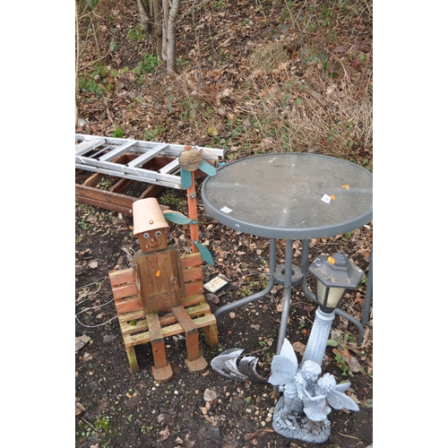 33 - A MODERN GLASS TOPPED METAL GARDEN TABLE, two chairs, a plastic fairy lantern and a wooden garden or... 