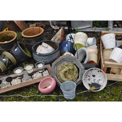 8 - A LARGE COLLECTION OF CERAMIC, RESIN AND METAL GARDEN POTS including Le Jardinière pots, glazed pots... 