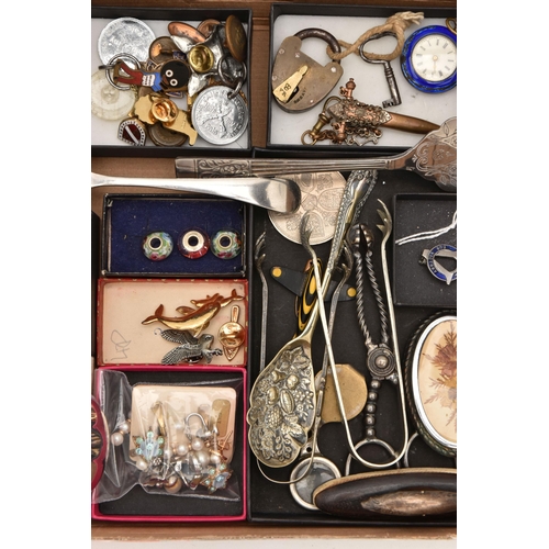 584 - A BOX OF ASSORTED ITEMS, to include a selection of pins and brooches, an enamel and ladies pocket wa... 