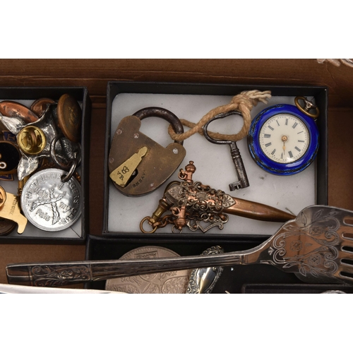 584 - A BOX OF ASSORTED ITEMS, to include a selection of pins and brooches, an enamel and ladies pocket wa... 