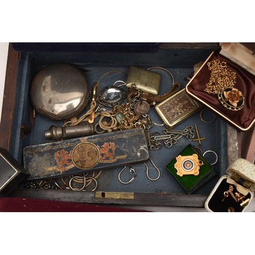 587 - AN ASSORTMENT OF ITEMS, to include a wooden box with mother of pearl detailing, encasing a selection... 