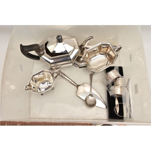 589 - A BOX OF ASSORTED WHITE METAL WARE, to include a three piece EPNS tea set comprising of a teapot, su... 