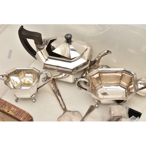 589 - A BOX OF ASSORTED WHITE METAL WARE, to include a three piece EPNS tea set comprising of a teapot, su... 