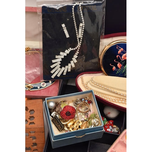 591 - A BOX OF ASSORTED ITEMS, to include various imitation pearl necklaces, brooches, pendants, a flaming... 