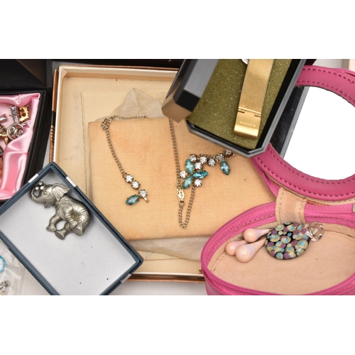 591 - A BOX OF ASSORTED ITEMS, to include various imitation pearl necklaces, brooches, pendants, a flaming... 