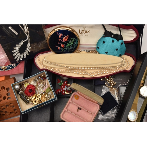 591 - A BOX OF ASSORTED ITEMS, to include various imitation pearl necklaces, brooches, pendants, a flaming... 