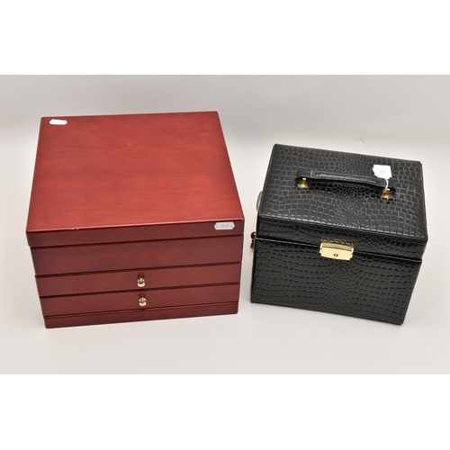 592 - TWO JEWELLERY BOXES OF ASSORTED COSTUME JEWELLERY, a hinged lid patent jewellery box and a hinged li... 