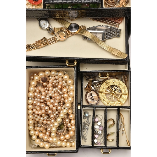 592 - TWO JEWELLERY BOXES OF ASSORTED COSTUME JEWELLERY, a hinged lid patent jewellery box and a hinged li... 