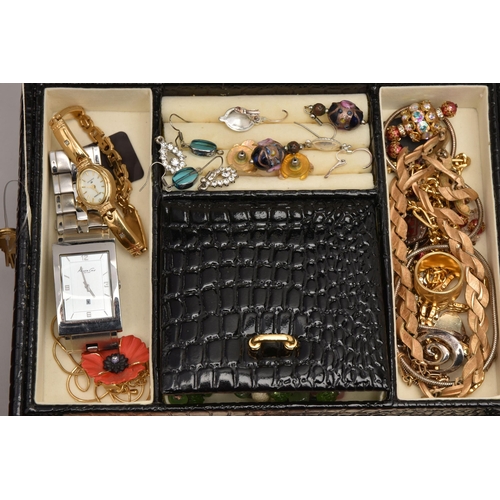 592 - TWO JEWELLERY BOXES OF ASSORTED COSTUME JEWELLERY, a hinged lid patent jewellery box and a hinged li... 