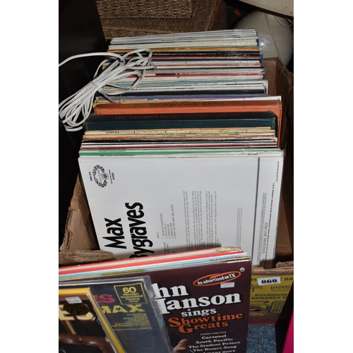 868 - TWO BOXES OF RECORDS AND LOOSE, included a Waltham stereo cassette and turn table Model STM - 50, wi... 