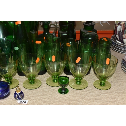 873 - A COLLECTION OF COLOURED GLASSWARE, to include over forty pieces of mainly green and blue glass, a p... 