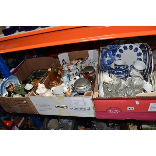 875 - THREE BOXES OF CERAMICS, GLASS AND METALWARE, to include a small collection of blue and white cerami... 