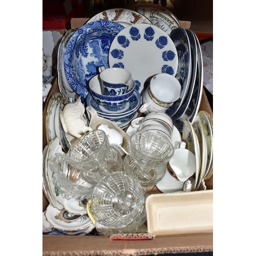 875 - THREE BOXES OF CERAMICS, GLASS AND METALWARE, to include a small collection of blue and white cerami... 