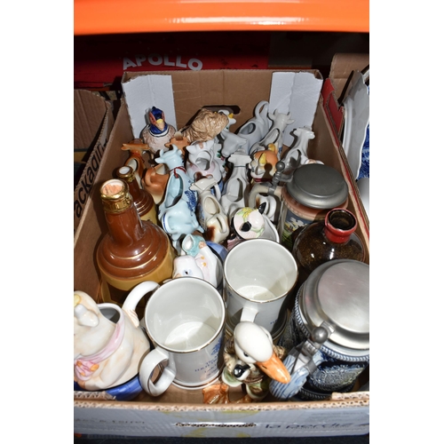 875 - THREE BOXES OF CERAMICS, GLASS AND METALWARE, to include a small collection of blue and white cerami... 