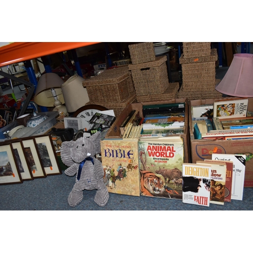 876 - FOUR BOXES AND LOOSE BOOKS, LAMPS, PICTURES AND ASSORTED HOME WARES, to include two boxes of books o... 