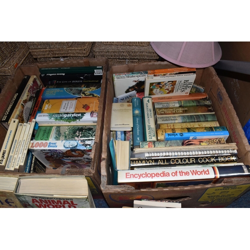 876 - FOUR BOXES AND LOOSE BOOKS, LAMPS, PICTURES AND ASSORTED HOME WARES, to include two boxes of books o... 