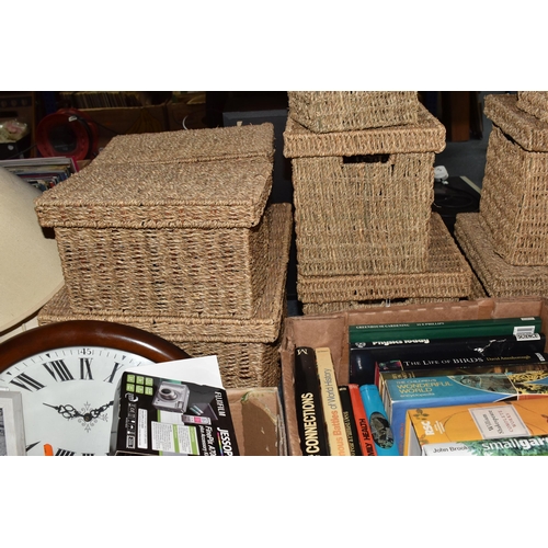 876 - FOUR BOXES AND LOOSE BOOKS, LAMPS, PICTURES AND ASSORTED HOME WARES, to include two boxes of books o... 