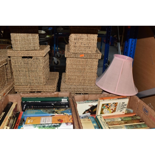 876 - FOUR BOXES AND LOOSE BOOKS, LAMPS, PICTURES AND ASSORTED HOME WARES, to include two boxes of books o... 