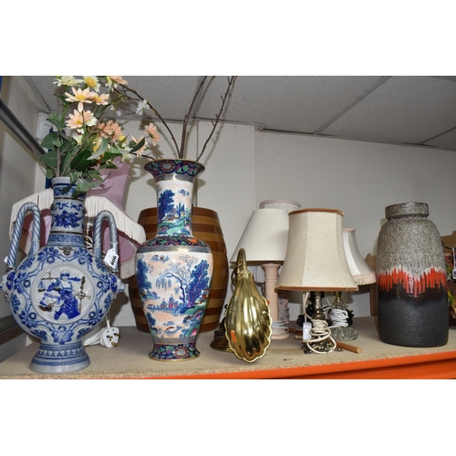 908 - A GROUP OF LARGE VASES AND LAMPS, to include a West German pottery vase in browns, greys and red det... 