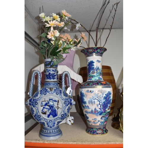 908 - A GROUP OF LARGE VASES AND LAMPS, to include a West German pottery vase in browns, greys and red det... 