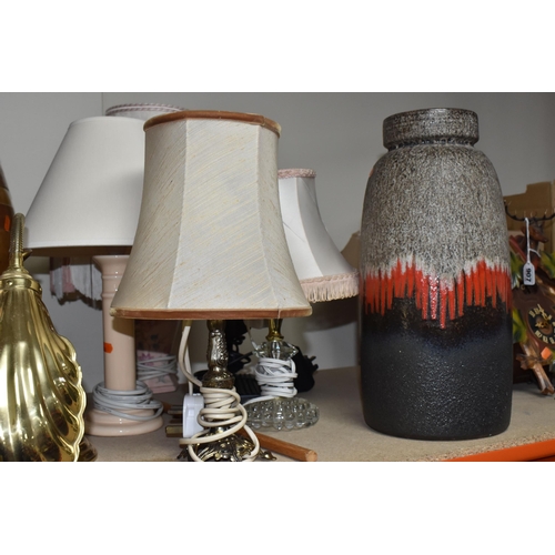 908 - A GROUP OF LARGE VASES AND LAMPS, to include a West German pottery vase in browns, greys and red det... 