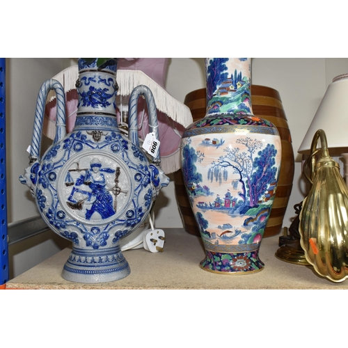 908 - A GROUP OF LARGE VASES AND LAMPS, to include a West German pottery vase in browns, greys and red det... 