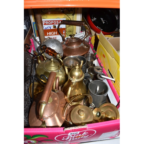 910 - THREE BOXES AND LOOSE METALWARE AND SUNDRIES, to include copper kettles, brass kettles, vintage kitc... 