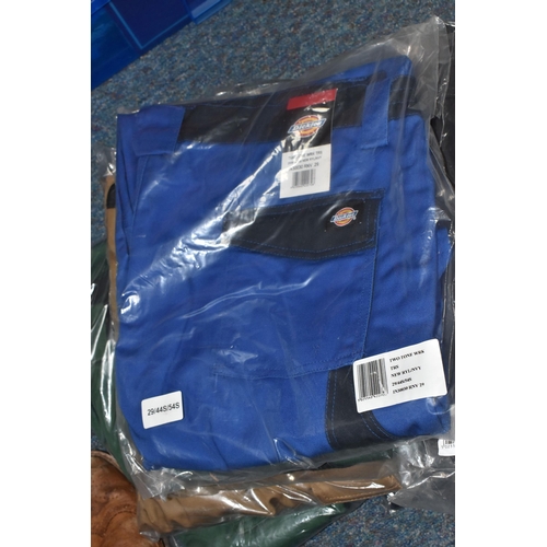 911 - TWO BOXES OF DICKIES WORKWEAR TROUSERS, over twenty pairs of Dickies workwear trousers in various co... 