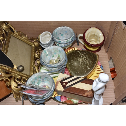 919 - ONE BOX OF MISCELLANEOUS SUNDRIES,  to include a Venetian wall mask, a gilt metal foliate photo fram... 