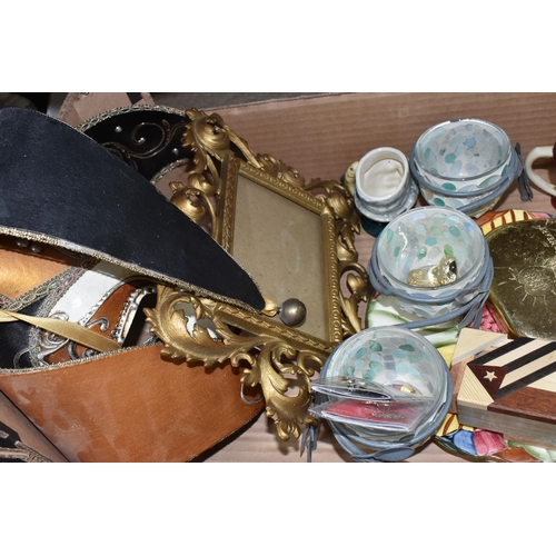 919 - ONE BOX OF MISCELLANEOUS SUNDRIES,  to include a Venetian wall mask, a gilt metal foliate photo fram... 