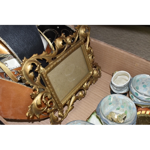 919 - ONE BOX OF MISCELLANEOUS SUNDRIES,  to include a Venetian wall mask, a gilt metal foliate photo fram... 