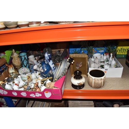 920 - THREE BOXES AND LOOSE CERAMICS AND ORNAMENTS, to include a blue Cloisonné vase, a Sylvac posy vase 1... 