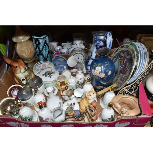 920 - THREE BOXES AND LOOSE CERAMICS AND ORNAMENTS, to include a blue Cloisonné vase, a Sylvac posy vase 1... 