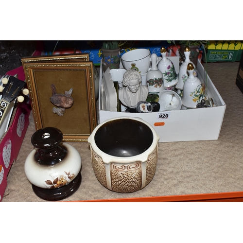 920 - THREE BOXES AND LOOSE CERAMICS AND ORNAMENTS, to include a blue Cloisonné vase, a Sylvac posy vase 1... 