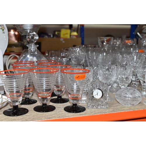 925 - A GROUP OF CUT CRYSTAL AND GLASSWARE,  to include a miniature Edinburgh Crystal clock, an engraved d... 