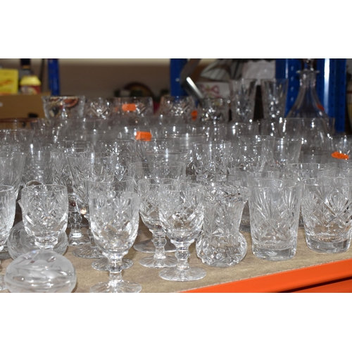 925 - A GROUP OF CUT CRYSTAL AND GLASSWARE,  to include a miniature Edinburgh Crystal clock, an engraved d... 