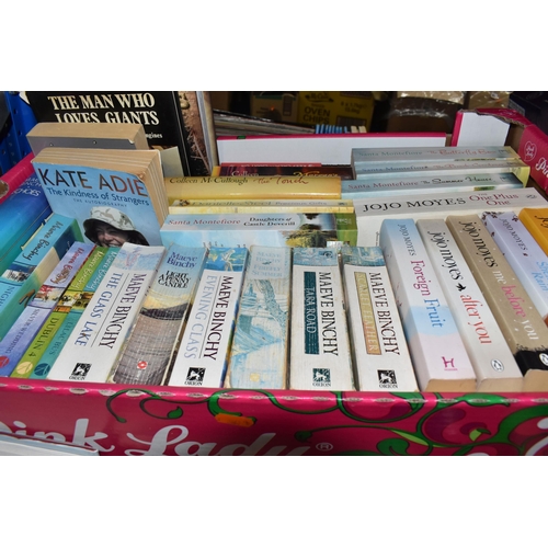 929 - FIVE BOXES OF BOOKS, hardbacks and assorted paperback novels by Jojo Moyes, other subjects include g... 