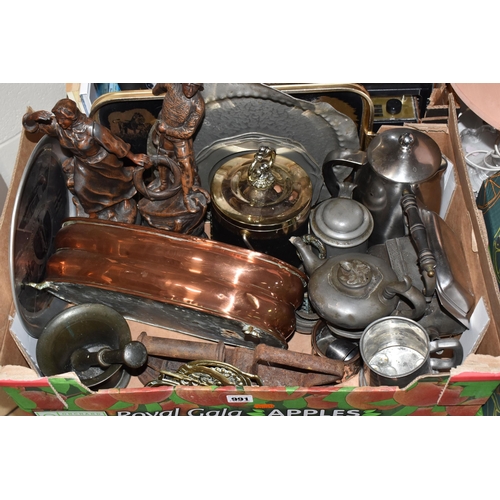 991 - FOUR BOXES AND LOOSE METALWARE, TREEN, LAMPS, RECORDS AND SUNDRY ITEMS, to include a copper footed j... 