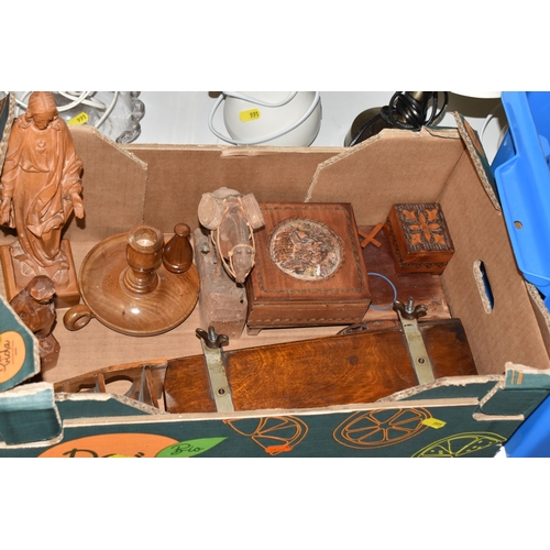 991 - FOUR BOXES AND LOOSE METALWARE, TREEN, LAMPS, RECORDS AND SUNDRY ITEMS, to include a copper footed j... 