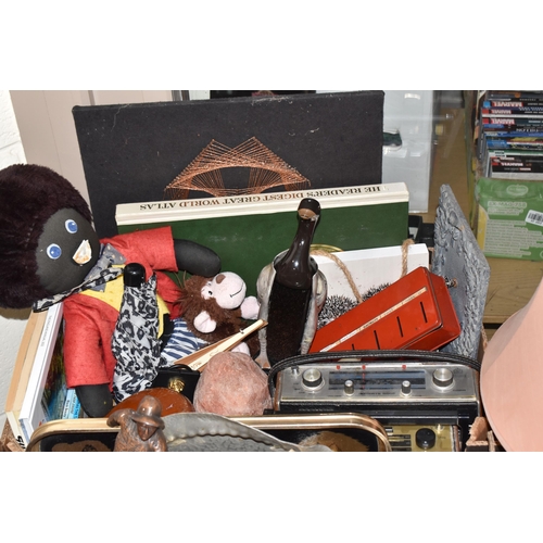 991 - FOUR BOXES AND LOOSE METALWARE, TREEN, LAMPS, RECORDS AND SUNDRY ITEMS, to include a copper footed j... 