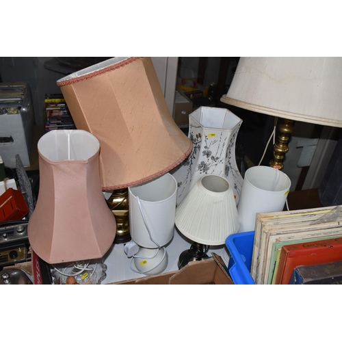 991 - FOUR BOXES AND LOOSE METALWARE, TREEN, LAMPS, RECORDS AND SUNDRY ITEMS, to include a copper footed j... 