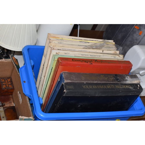 991 - FOUR BOXES AND LOOSE METALWARE, TREEN, LAMPS, RECORDS AND SUNDRY ITEMS, to include a copper footed j... 